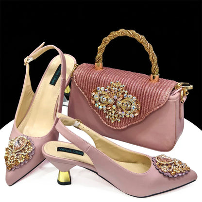 Sapatos e Bolsas Italianos Combinando Conjunto Nigéria Elegância Festa Strass Bico Fino Sapatos Femininos Salto Alto