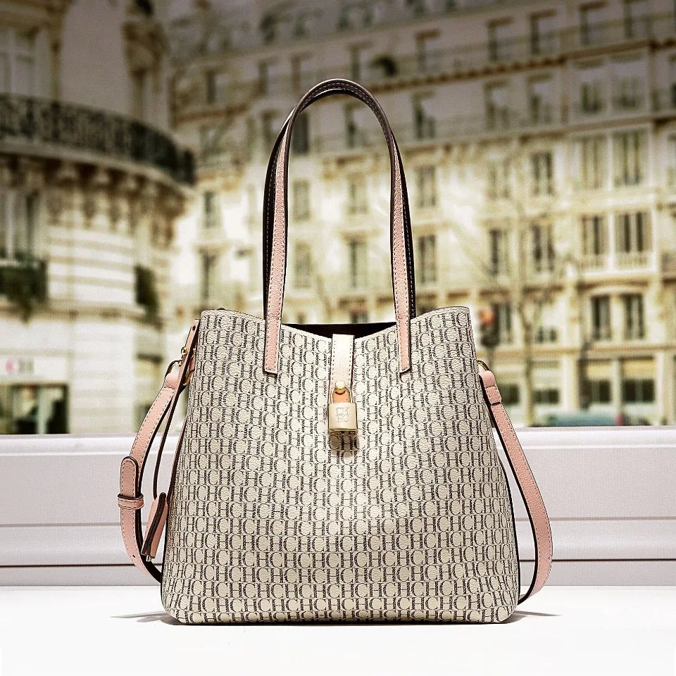 Stylish Monogram Tote Bag Lock Decorative Detail Top Handles Detachable Crossbody Strap Fashion Shoulder Bag