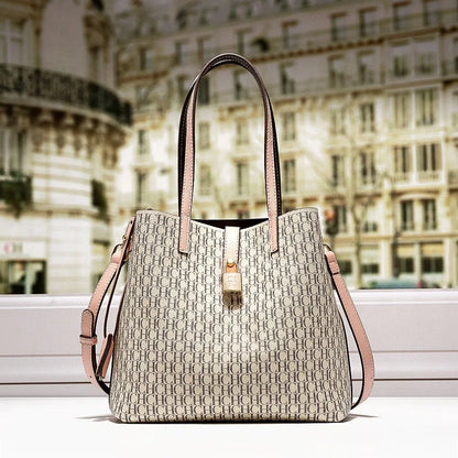 Stylish Monogram Tote Bag Lock Decorative Detail Top Handles Detachable Crossbody Strap Fashion Shoulder Bag