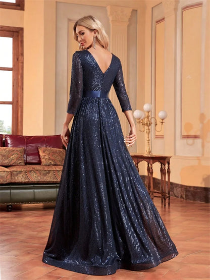 Luxury O-Neck Long Sleeves Blue A-line Sequins Formal Evening Dresses Women V-back Slim Wedding Party Prom Maxi Cocktail Gowns