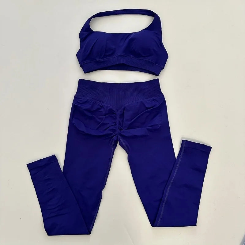 Yoga Legging Sets for Women Seamless Yoga Set Scrunch Butt Legging Set Workout Gym Suit with Halter Crop Top