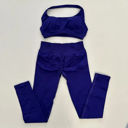 Yoga Legging Sets for Women Seamless Yoga Set Scrunch Butt Legging Set Workout Gym Suit with Halter Crop Top
