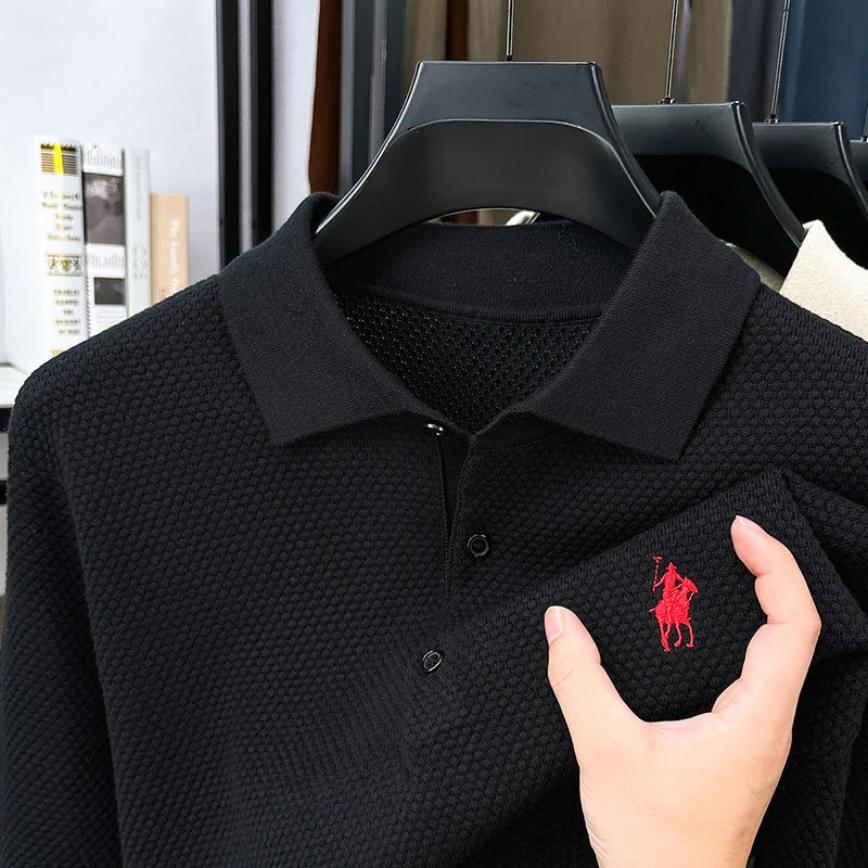 High-end Quality Men's Casual Outdoor Pineapple Pattern Knitted Long-sleeve Polo Shirt (eco-cotton, No Shrinkage No Deformation)