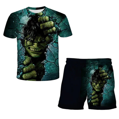 Kids Summer Tshirt Set Boys Spider-Man Trendy 2 Piece Hulk Iron Man Spiderman Outfit