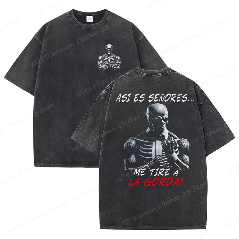 Calacas Chidas Gym Washed T-Shirts Men's Trendy Cool Skeleton & Gym Print Oversized Tshirt Summer Tees Streetwear Casual Tops