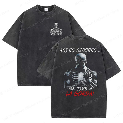Calacas Chidas Gym Washed T-Shirts Men's Trendy Cool Skeleton & Gym Print Oversized Tshirt Summer Tees Streetwear Casual Tops