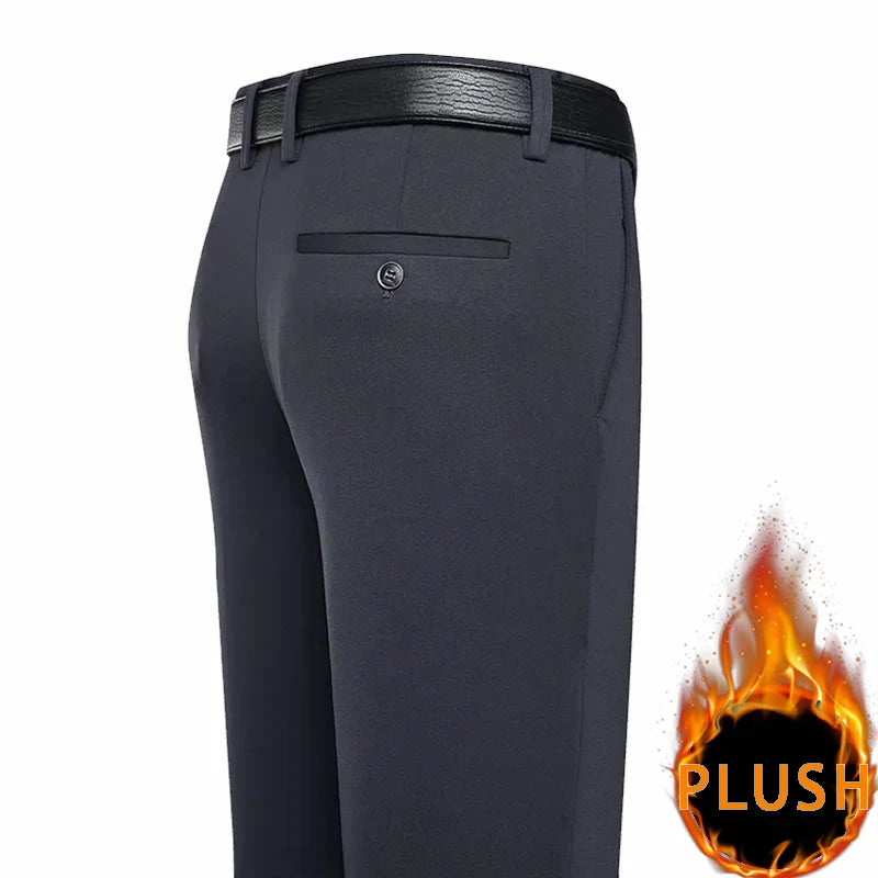 Autumn Winter Men's Fleece Pants Plush Smart Casual Suit Pants Loose Straight Navy Blue Black Dress Pants Thick Warm Trousers