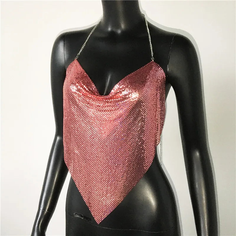 Shiny Metal Sequins Tank Tops For Women Sexy Backless V Neck Adjustable Chain Crop Top Lady Festival Rave Party Club Camisole