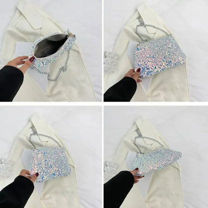 Solid Color Sequins Crossbody Bag Simple INS Chain Sequins Shoulder Bag Pocket Bag Phone Bag Small Square Bag Dinner Party