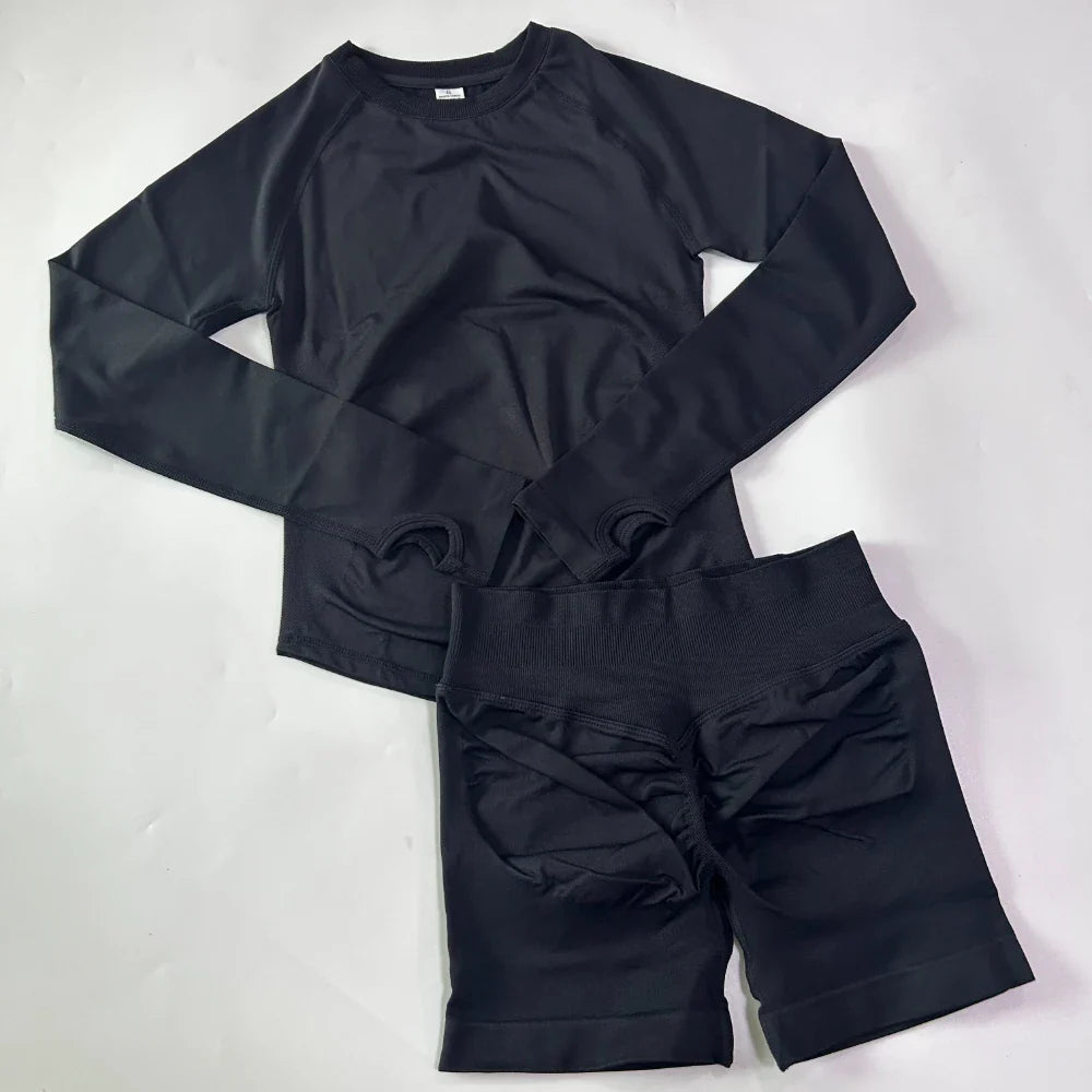 2 Pieces Set Women Longline Long Sleeve Gym Crop Top High Waist Workout Shorts Sports Suit Fitness Clothes Seamless Yoga Set