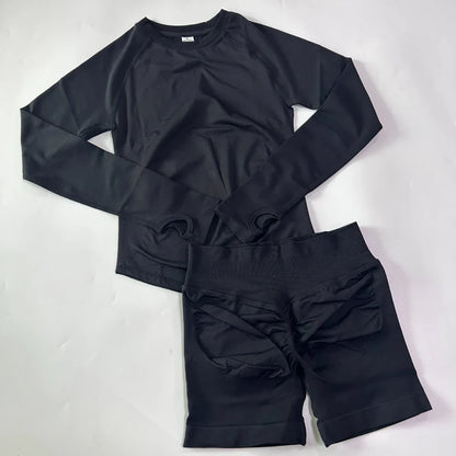 2 Pieces Set Women Longline Long Sleeve Gym Crop Top High Waist Workout Shorts Sports Suit Fitness Clothes Seamless Yoga Set