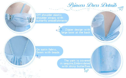 Fashion Embroidery Butterfly Princess Dress Girls Cinderella Cosplay Costumes Blue Gown for Carnival Birthday Evening Dress