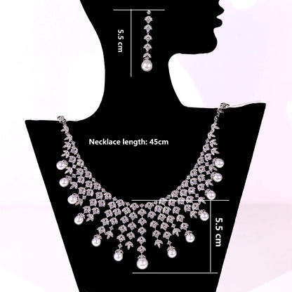 3A Cubic Zirconia Silver Color Tassel Necklace Luxury Pearl Jewelry Sets Bridal Dubai Wedding PROM Accessories