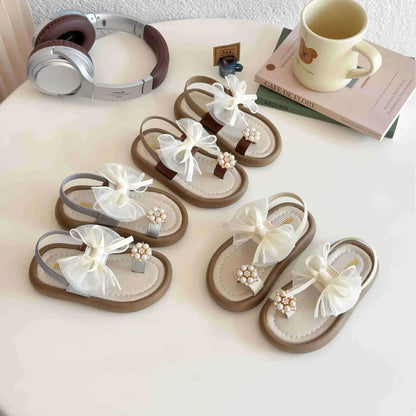 Summer Girl's Sandals Clip-toe Bowknot Elastic Band Soft Sole Kids Sliders Beautiful Pu Leather Chunky Morden Children Shoes