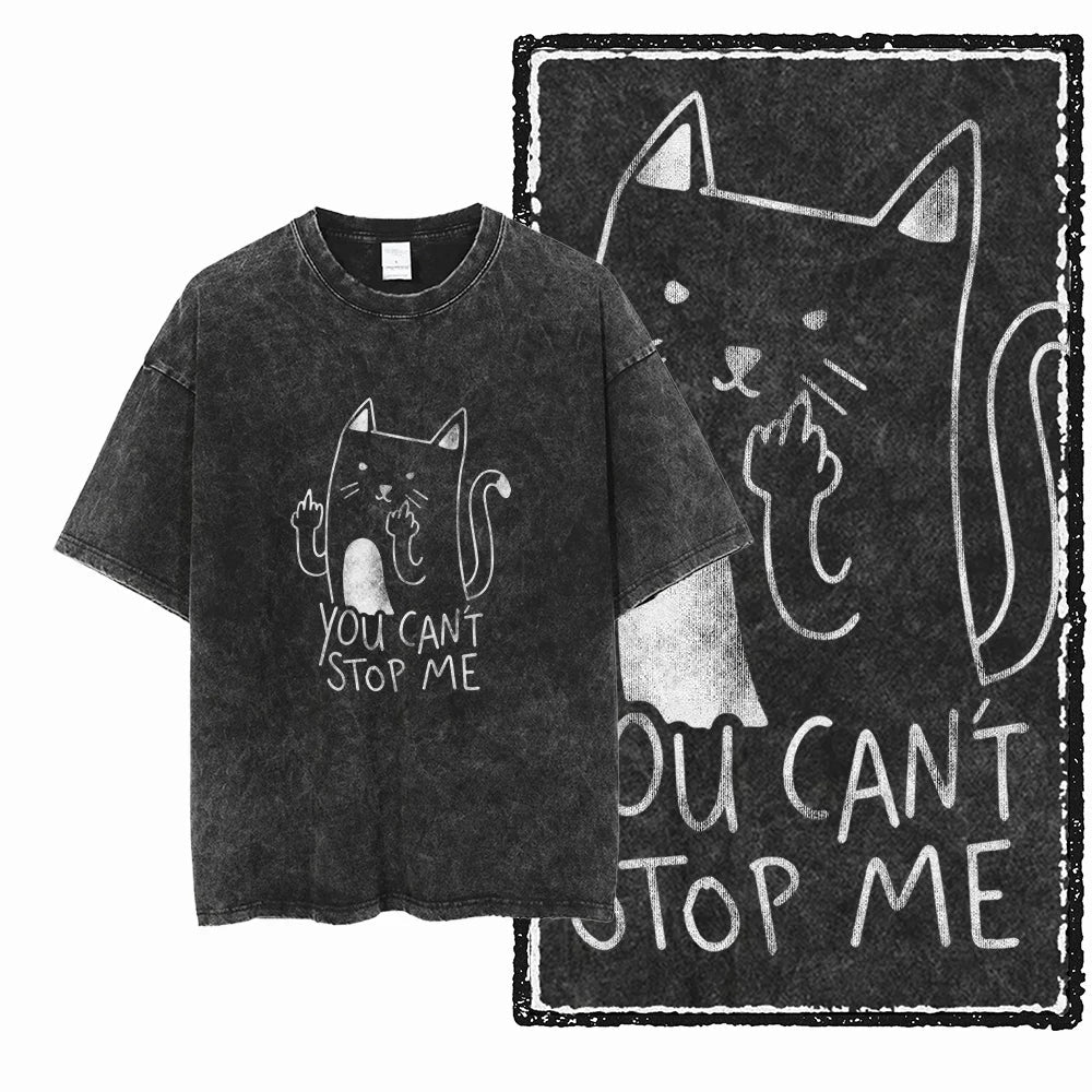 cat Printed Cotton Acid Washed Exclusive Graphic Unisex T Shirt Cool Streetwear Men Tshirts Big Size Tee for men