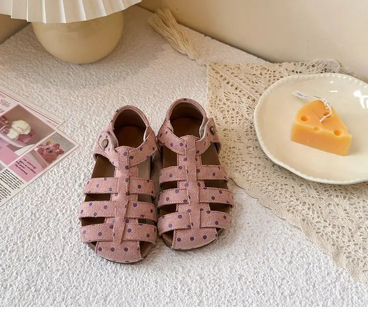 All Over Print Polka Dot Children Sandals for Girls Suede Leather Summer Students Holiday Shoes Girl Daily Shoes Cut-outs I05103