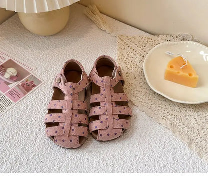 All Over Print Polka Dot Children Sandals for Girls Suede Leather Summer Students Holiday Shoes Girl Daily Shoes Cut-outs I05103