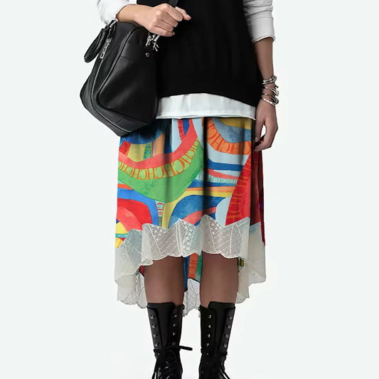 2024 Summer New Print Retro Midi Half Skirt Women's Elegant Lace Lower Half Colored Printed Half Skirt