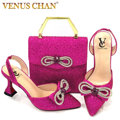 Latest Italian Design African Women's High Heel Pointed Toe Sandals Party Wedding Party Fuchsia Color Shoes and Bags Set