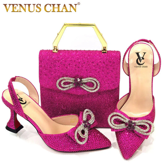 Latest Italian Design African Women's High Heel Pointed Toe Sandals Party Wedding Party Fuchsia Color Shoes and Bags Set