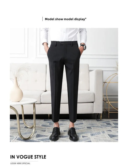Thickened Fleece Men's Casual Straight Leg Pants Autumn Winter Elastic Slim Fit Korean Style Fashionable Nine Point Long Trou...