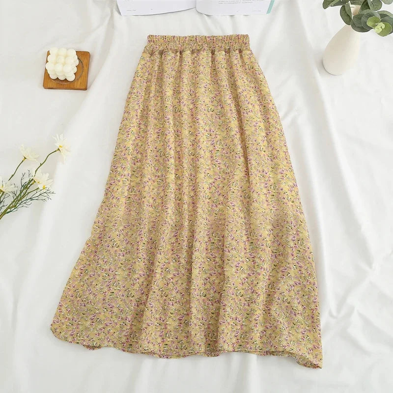 Women's Summer Skirts Vintage Floral Printed Chiffon Skirts High-waisted Elastic Waist Relaxed Mid-length Skirts Beach Skirts