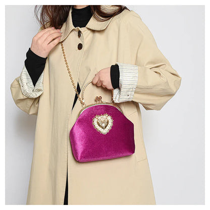 Velvet Frame Heart Dinner Hand Bags Diamonds Chains High Quality Shoulder and Crossbody Bags for Women 2024 Fashion Hot Sale