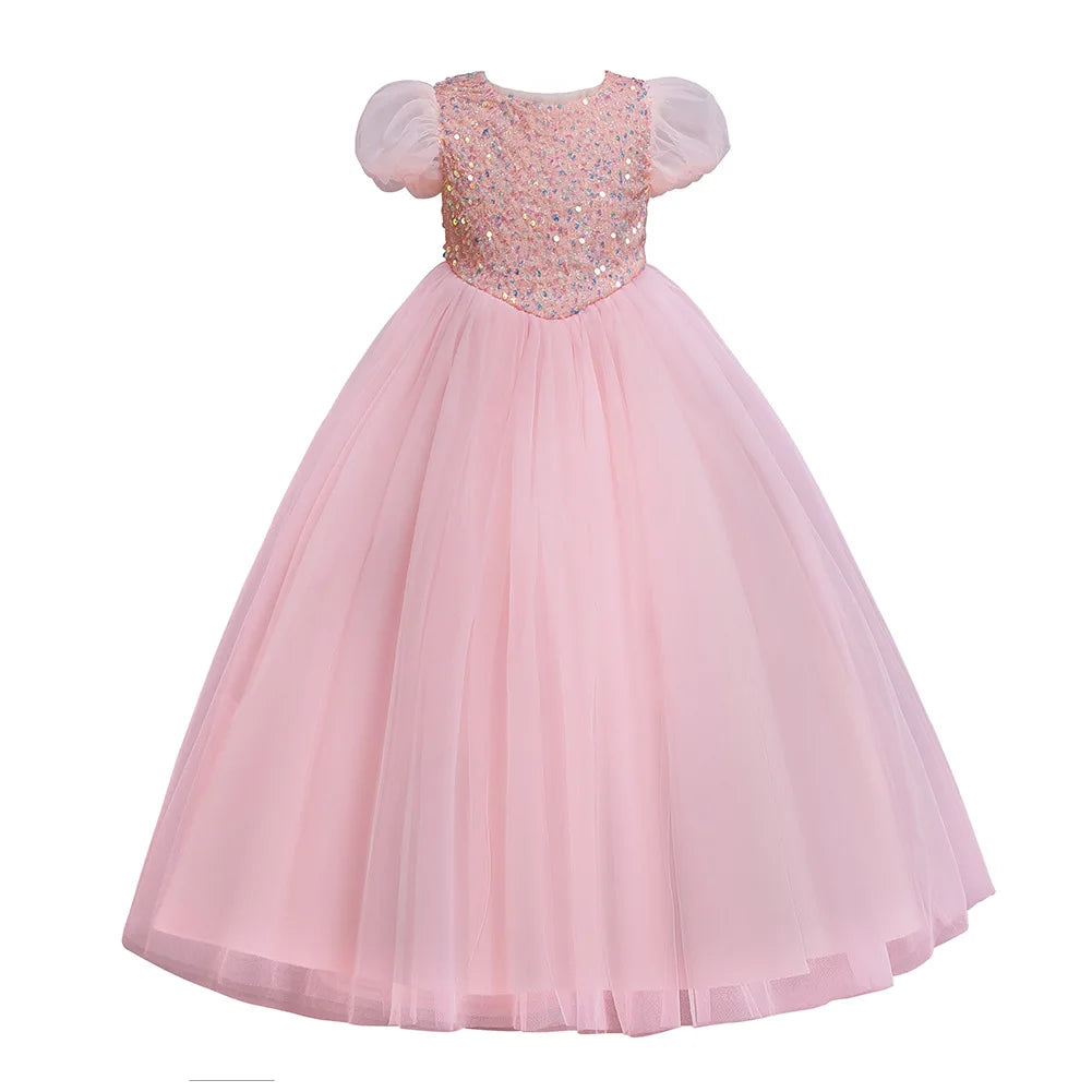 Girls Dress Color Mesh Dress Long Sequin Children's Skirt Girls Piano Host Costumes#323