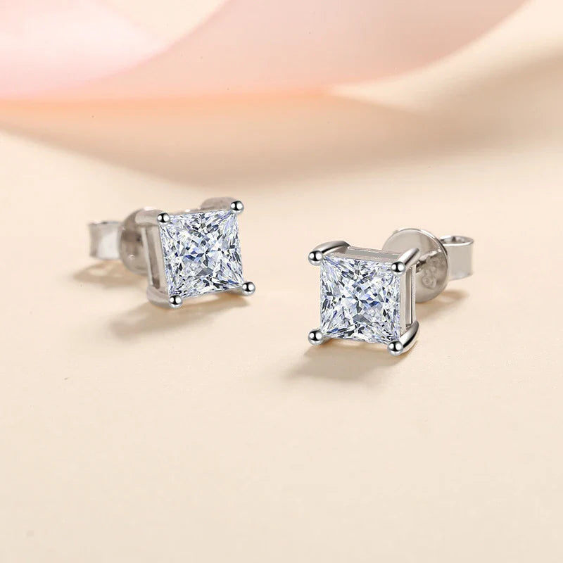 1ct Princess Cut Moissanite Earrings for Women S925 Sterling Silver with Gold Plated Ear Studs Wedding Party Fine Jewelry