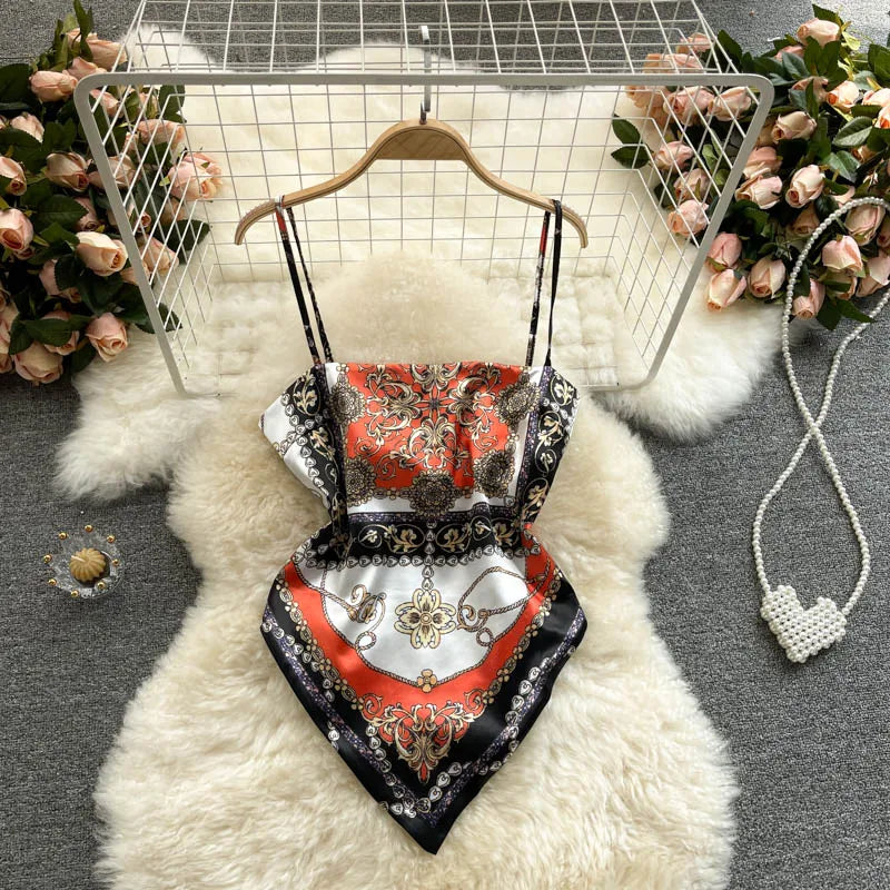 Women Sexy Backless asymmetrical lace-up Camis Print Tank Top Chic One-piece Corset Bustier Summer Beach vacation Crop Top