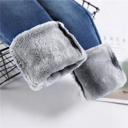 Women Thermal Jeans Winter Snow Warm Plush Stretch Jeans Lady Skinny Thicken Fleece Denim Long Pants Retro Blue Pencil Trousers