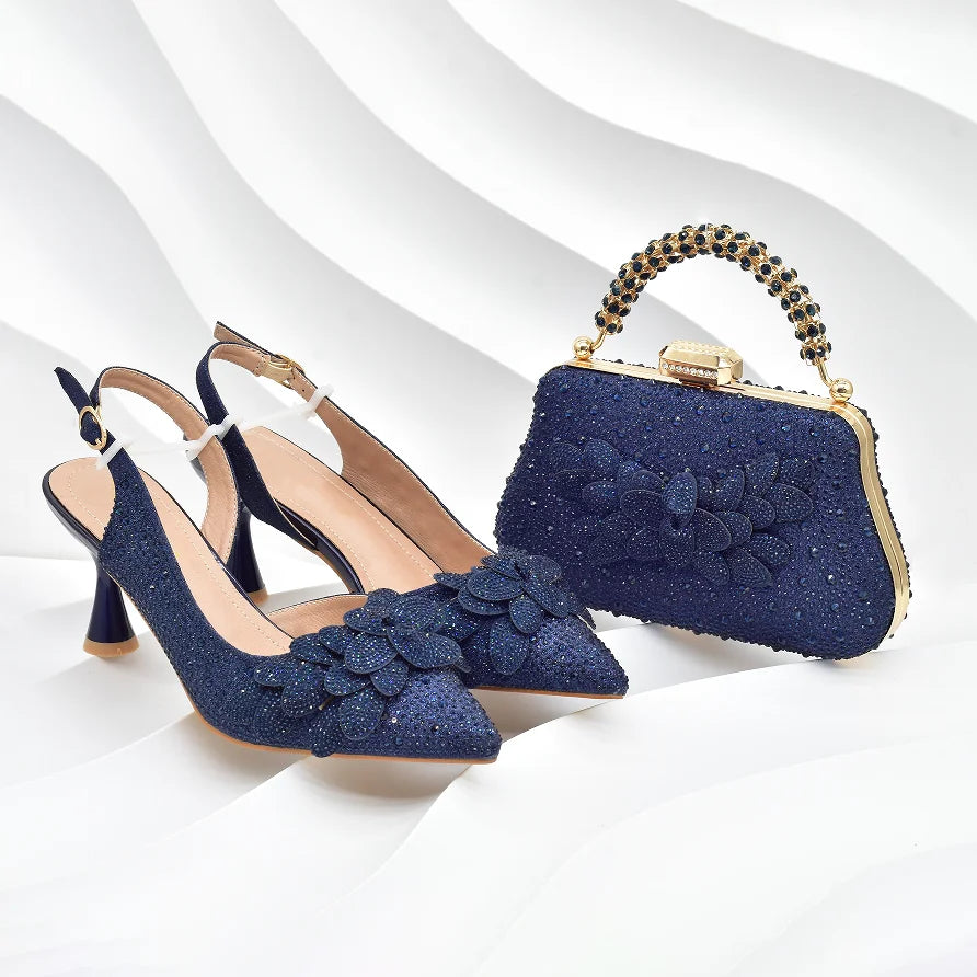 New Arrival Nigerian Women Heel Party Shoes and Bag Set Rhinestone Handbag Italian Design Luxury Wedding Shoes for Bride