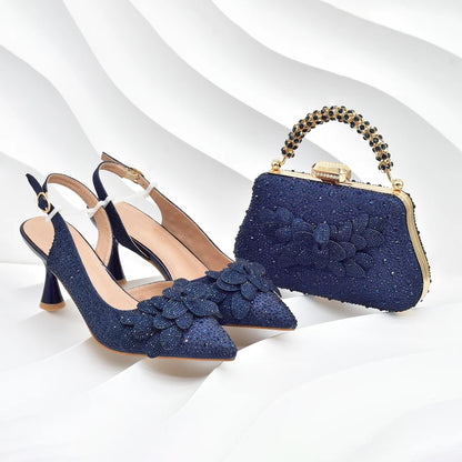 New Arrival Nigerian Women Heel Party Shoes and Bag Set Rhinestone Handbag Italian Design Luxury Wedding Shoes for Bride