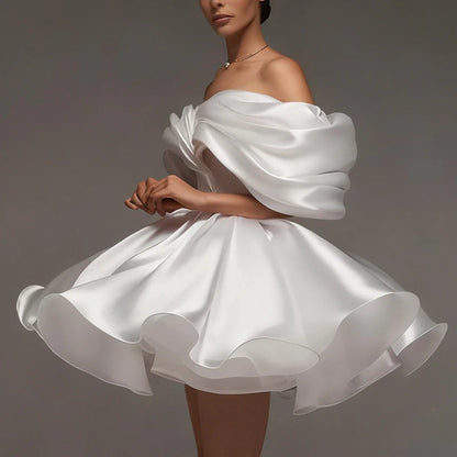 Elegant Puffy Short Wedding Dresses A Line Satin Off Shoulder Bridal Party Gown Mini Backless Ball Gown For Women Vestidos Novia