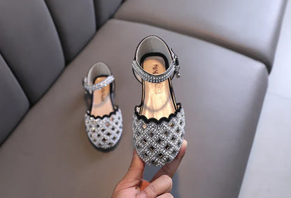 Summer Girl's Sandals Sliver Pink Diamante Luxury Hollow-out Kids Sliders Hook-loop Round Toe Glitter Stylish Children Shoe26-36