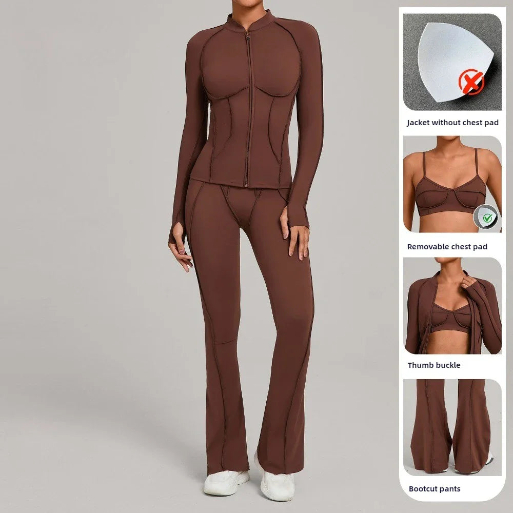Gym Casual Yoga Set for Women Outdoor Running Fitness Outfit Autumn Winter Tight Sports Three-Piece Set Zipper Coat+bras+pants