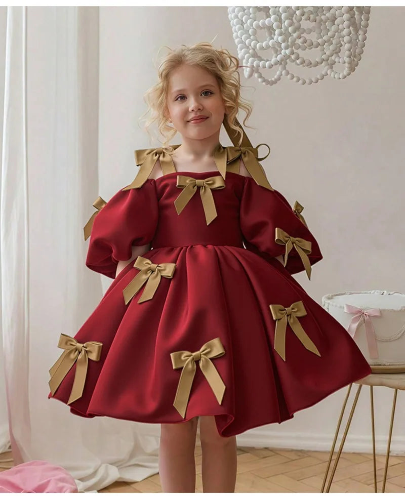 2-8Y Kids Girls Skirt Little Girls Puff-Sleeve Princess Dress Birthday Party Piano Host Performance Dress Belle Ball Gown