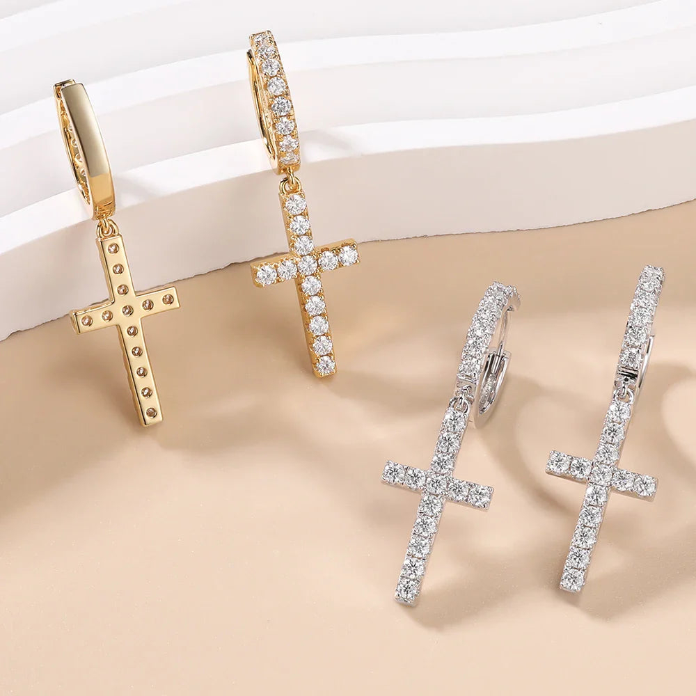 Moissanite Cross Drop Pedant Earrings for Women S925 Sterling Silver Diamond Hoop Earrings 18K Gold Plated Fine Jewelry
