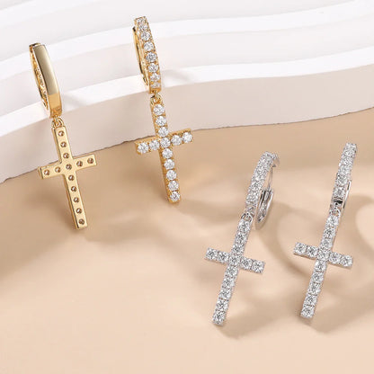 Moissanite Cross Drop Pedant Earrings for Women S925 Sterling Silver Diamond Hoop Earrings 18K Gold Plated Fine Jewelry