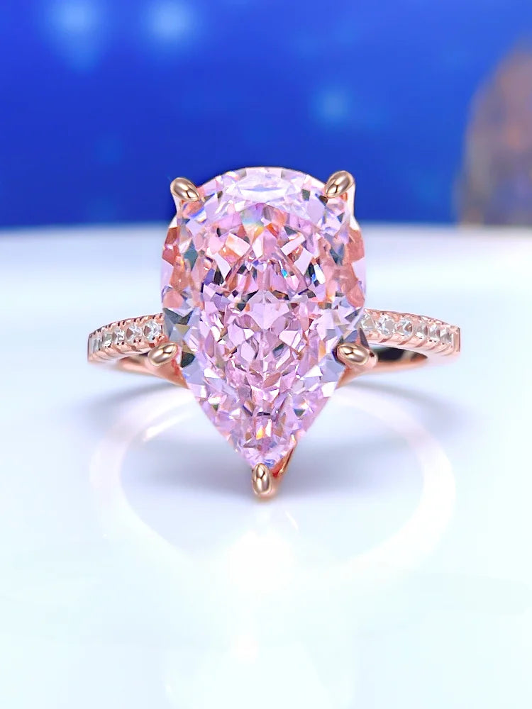 Fashionable, niche, high-end,versatile 925 sterling silver droplet pink diamond ring inlaid with high carbon diamond temperament