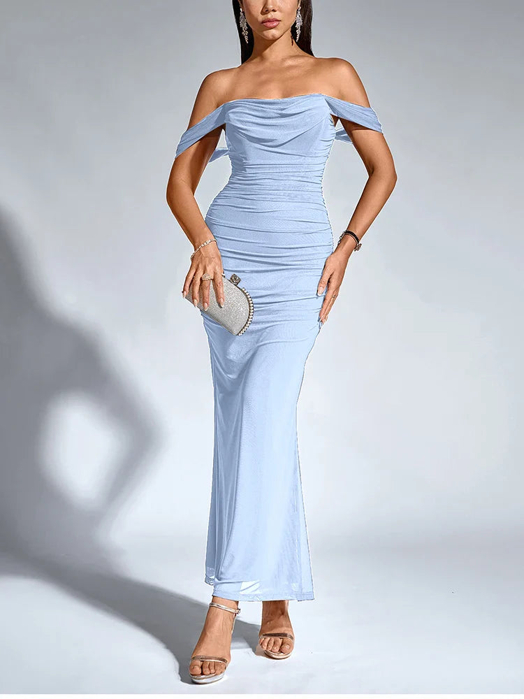 Women's Off Shoulder Ruched Mesh Long Corset Dress Backless Fishbone Bodycon Elegant Fashion Party Club Maxi Dresses