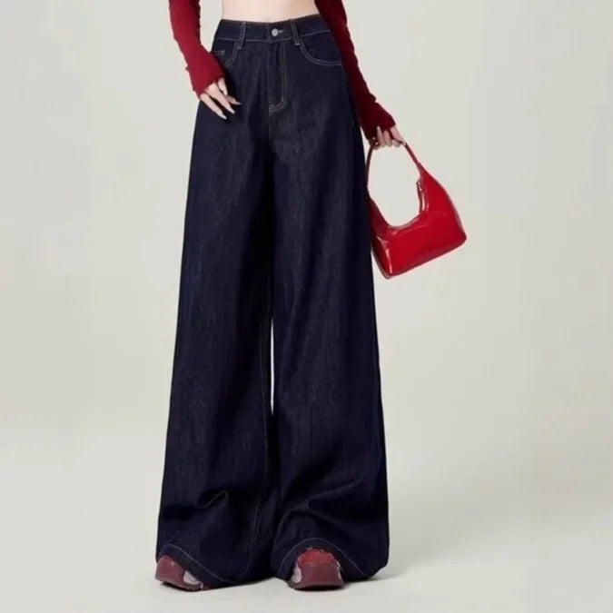 Calça Jeans Feminina Azul Estilo Americano Cintura Alta Perna Larga Solta que Emagrece Caimento Drapeado Comprimento Longo Primavera Outono Tendência