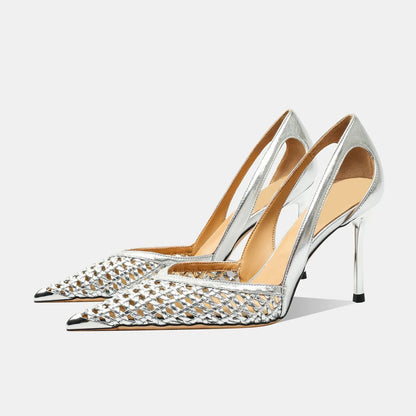 Women Hollow Sandals Elegant Pointed Toe Metal Straps High Heels Shoes Women Elegant Fashion Concise Sandals  Zapatos De Mujer