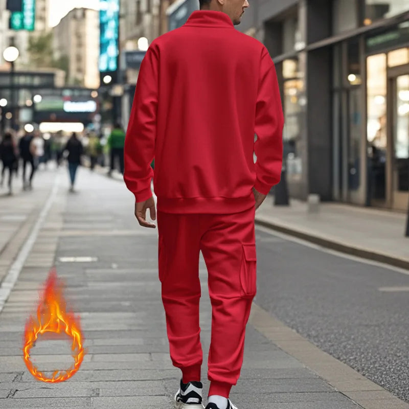 2024 autumn and winter men's casual velvet warm zipper sports trousers set