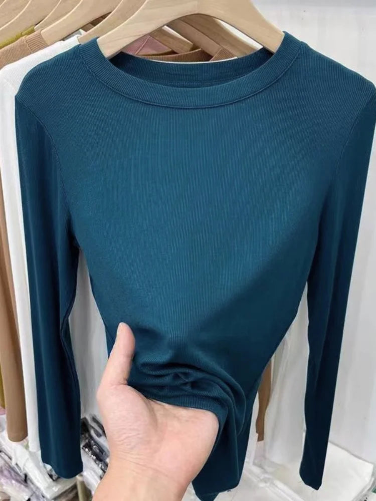 Outono Escritório Senhora Básica Gola Redonda Slim T-Shirt Feminina Cor Sólida Multicor Tendência Versátil Casual Top Manga Longa Elástico Canelado