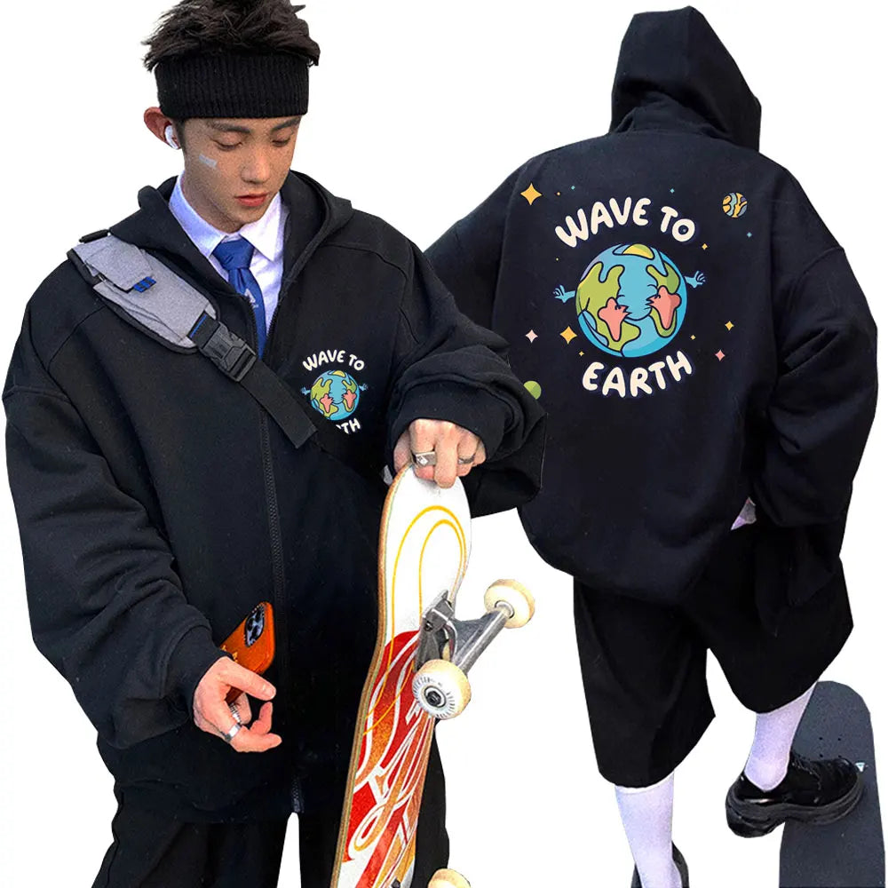 Korean Band Wave To Earth Print Zipper Hoodie Men's Casual Oversized Zip Up Jacket Men Women Hip Hop Fashion Y2k Zip Up Hoodies