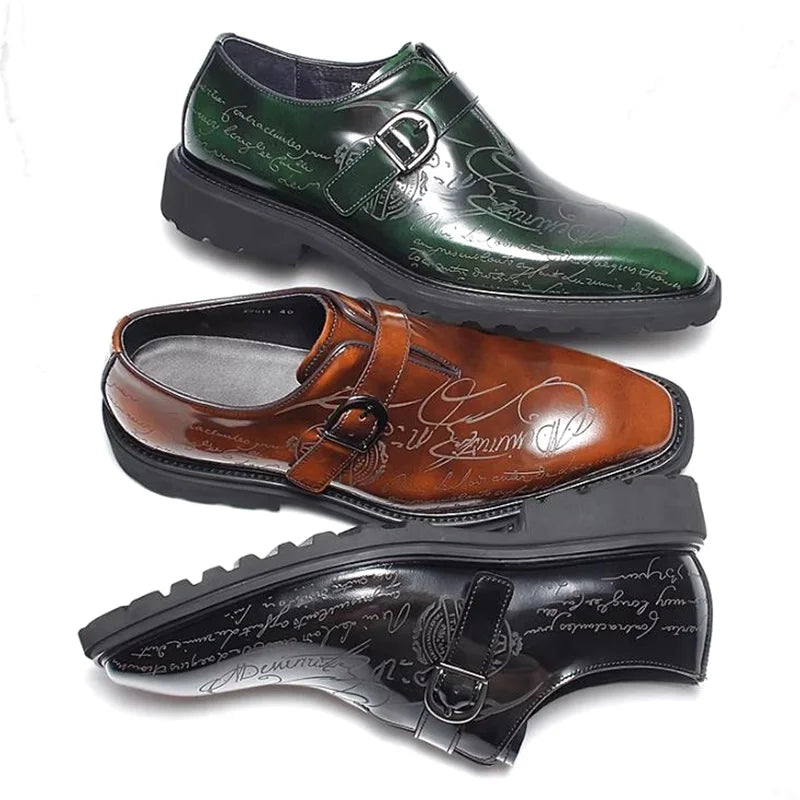 High-end Square-toe Slip-on Buckle Strap Leather Shoes Men Italian Formal Shoes Laser Engraved Letters Design Wedding Shoes Man