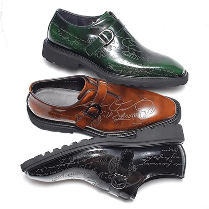 High-end Square-toe Slip-on Buckle Strap Leather Shoes Men Italian Formal Shoes Laser Engraved Letters Design Wedding Shoes Man