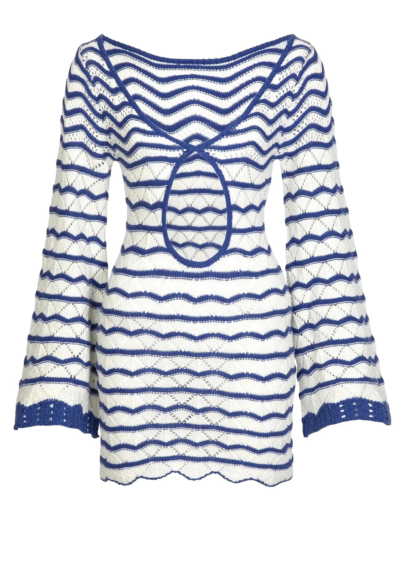 Boho Striped Chic V-neck Cut Out Bell Sleeve Knit Dress 2025 Summer Women Seaside Holiday Mini A-Line Dress K123