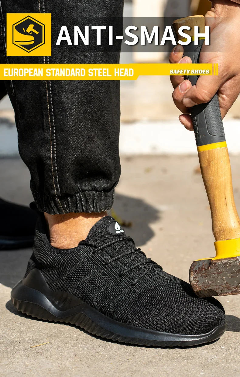 Men‘s Safety Shoes with Steel Toe Puncture Proof Anti-smash Work Sneakers Lightweight Breathable Black Sneakers for Construction
